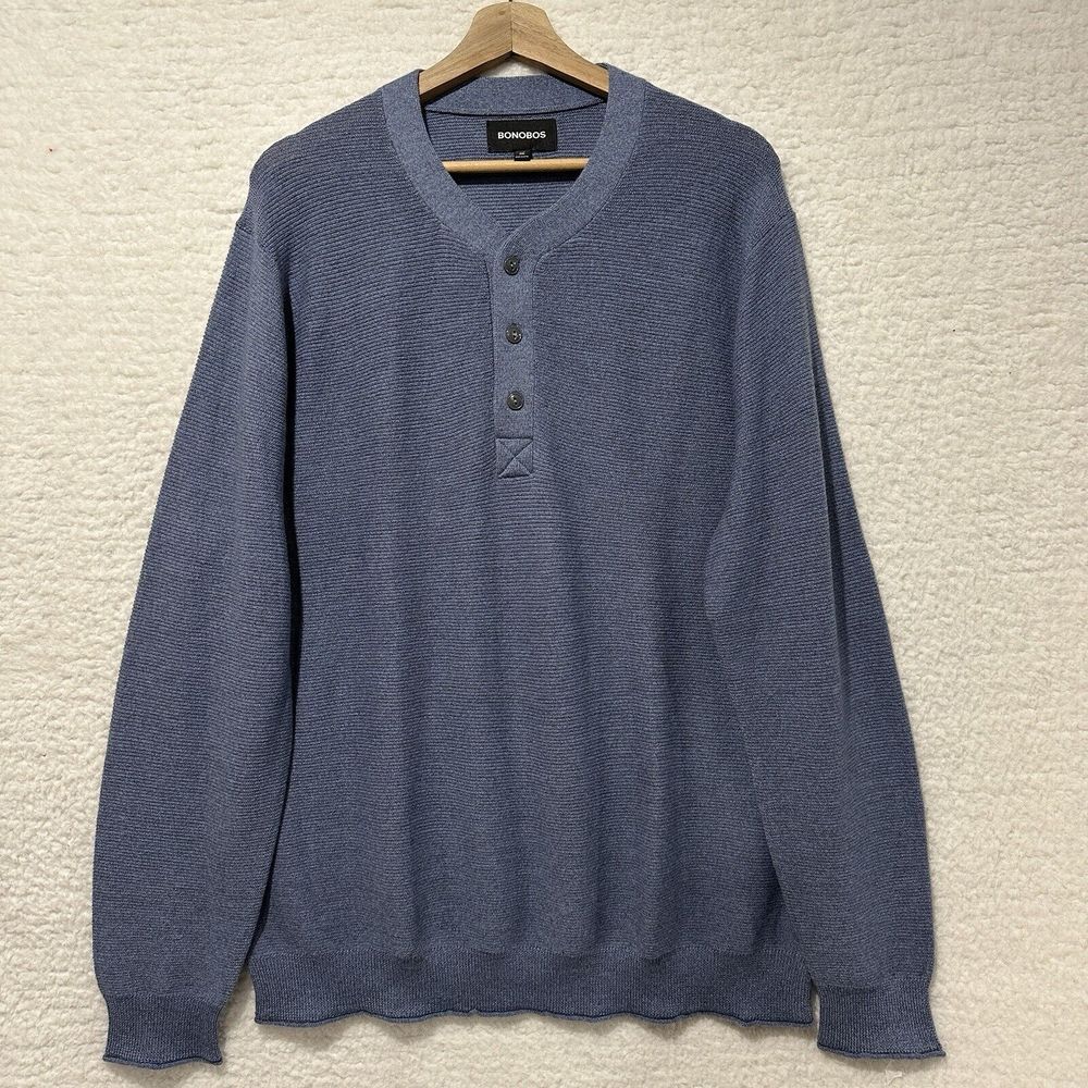 Bonobos Men's Blue Henley 100% Merino Wool Slim Fit‎ Pullover Sweater Size XXL